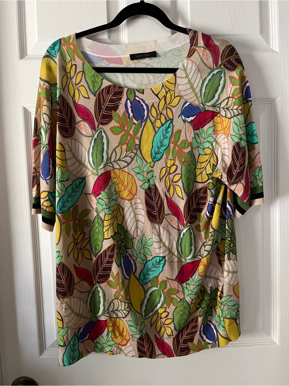 Elena Miro SzXXL Cotton Blend Multicolor Leaf Print Short Sleeve Top